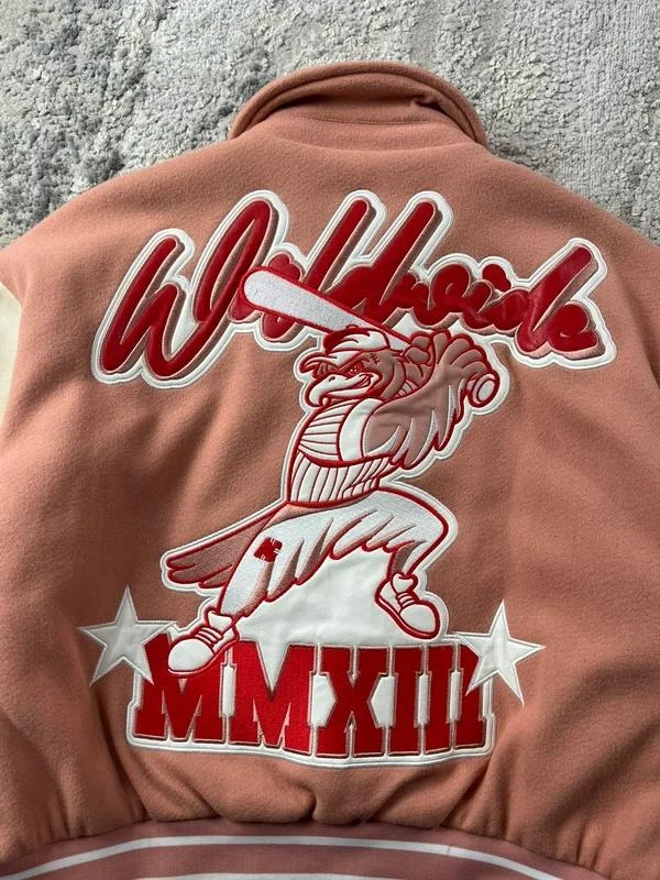 Chaqueta Varsity vintage Y2K rosa beige bordada con doble cremallera talla S – photo 2